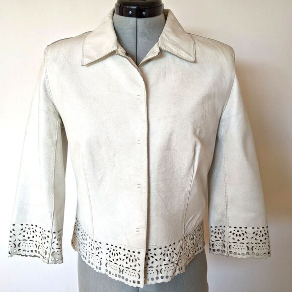 Stunning Vintage 80s Newport News White Scalloped Tailored Leather Jacket Sz 6